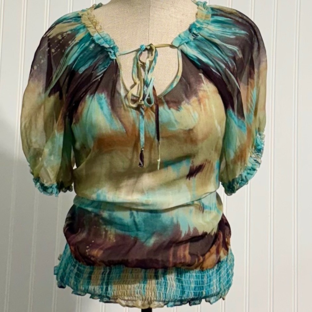 Karen Kane 100% Silk Abstract Blouse Smocked Waist Tie‎ Neck Blue Brown XS Y2K